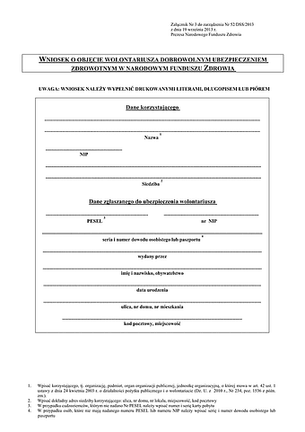 WOWDU Wniosek o objęcie wolontariusza dobrowolnym ubezpieczeniem zdrowotnym w Narodowym Funduszu Zdrowia