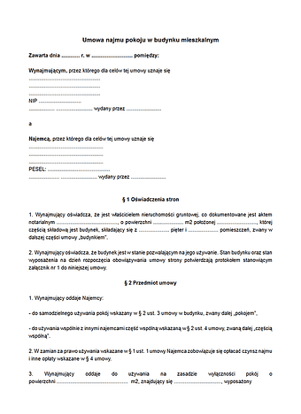 UNP Umowa najmu pokoju w budynku mieszkalnym 