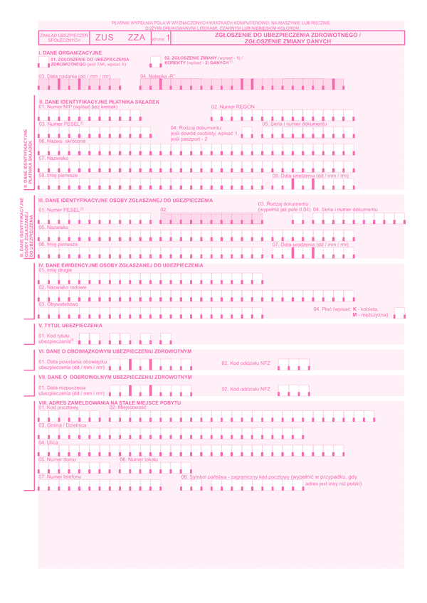 ZUS ZZA (archiwalny) Zgłoszenie do ubezpieczenia zdrowotnego / zgłoszenie zmiany danych