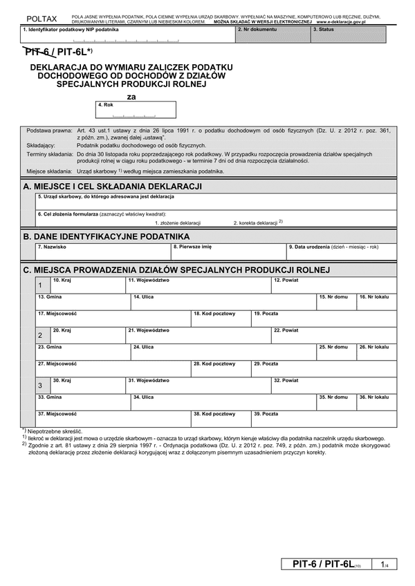 PIT-6L (10) (2013) (archiwalny) Deklaracja do wymiaru zaliczek podatku dochodowego od dochodów z działów specjalnych produkcji rolnej