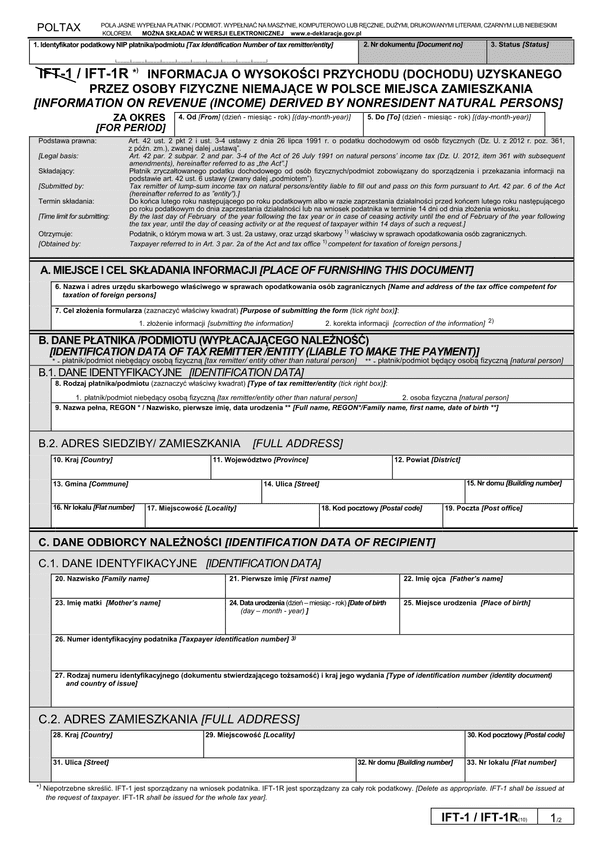 IFT-1R (10) (od 2013) (archiwalny) Informacja o wysokości przychodu (dochodu) uzyskanego przez osoby fizyczne niemające w Polsce miejsca zamieszkania