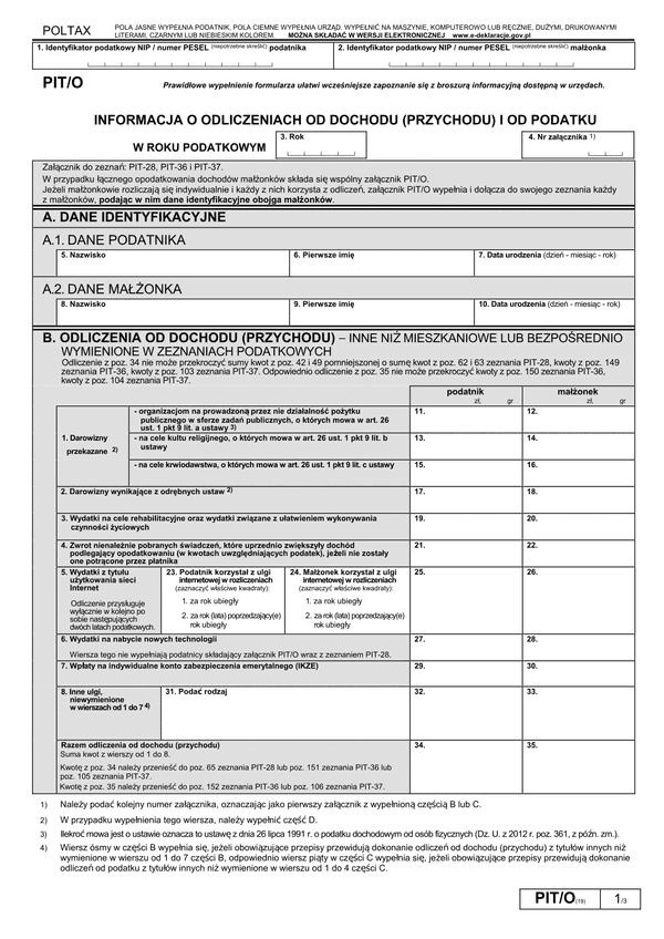 PIT/O (19) (2013) (archiwalny) Informacja o odliczeniach od dochodu (przychodu) i od podatku w roku podatkowym