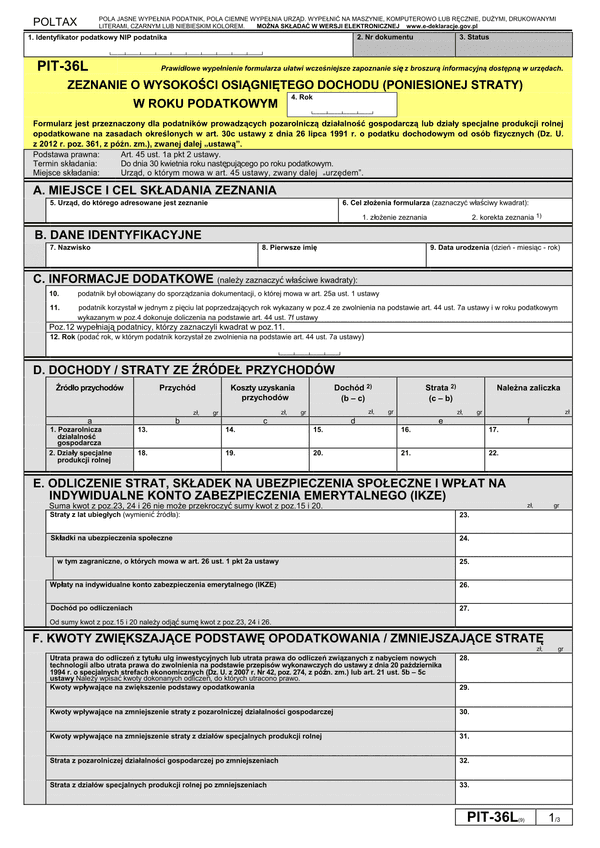 PIT-36L (9) (2013) (archiwalny) Zeznanie o wysokości osiągniętego dochodu (poniesionej straty)