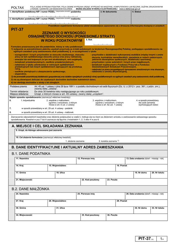 PIT-37 (19) (2013) (archiwalny) Zeznanie o wysokości osiągniętego dochodu (poniesionej straty) w roku podatkowym