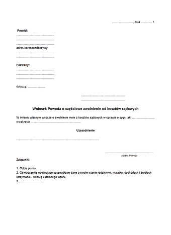 WPoZZK Wniosek Powoda o częściowe zwolnienie od kosztów sądowych