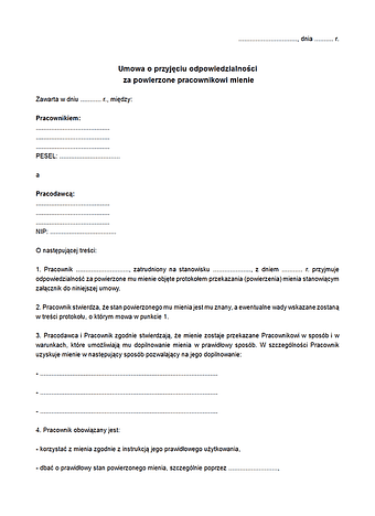 UoPOPM Umowa o przyjęciu odpowiedzialności  za powierzone pracownikowi mienie