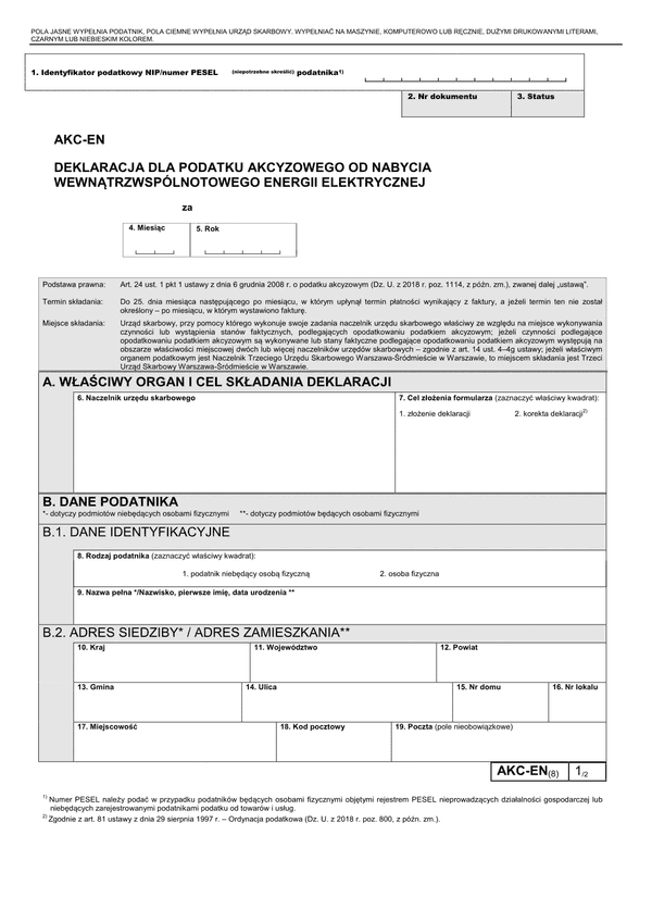 AKC-EN (8) (archiwalny) Deklaracja podatkowa od nabycia wewnątrzwspólnotowego energii elektrycznej