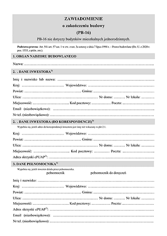 PB-16 Zawiadomienie o zakończeniu budowy