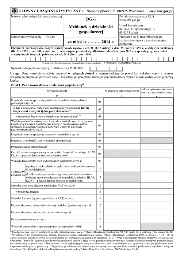 GUS DG-1 (2014) (archiwalny) Meldunek o działalności gospodarczej