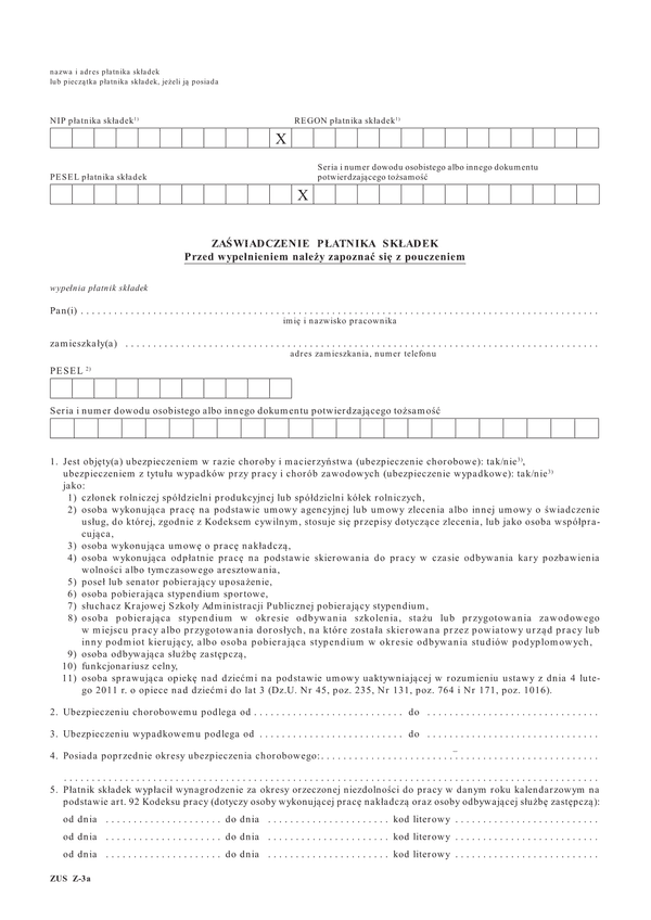ZUS Z-3a (od 2014) (archiwalny) Zaświadczenie płatnika składek
