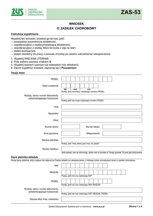 ZUS ZAS-53 (archiwalny) Wniosek o zasiłek chorobowy - wersja papierowa