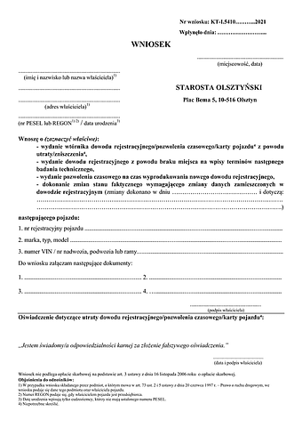 WoWDR-Ol (bm) Wniosek o wymianę dowodu rejestracyjnego z powodu braku miejsca na wpis Starostwo Powiatowe Olsztyn
