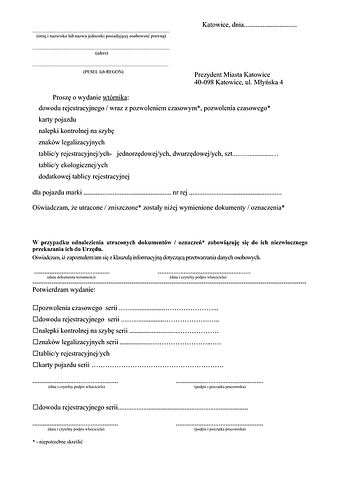 WoWDT-Kat Wniosek o wydanie wtórnika Katowice