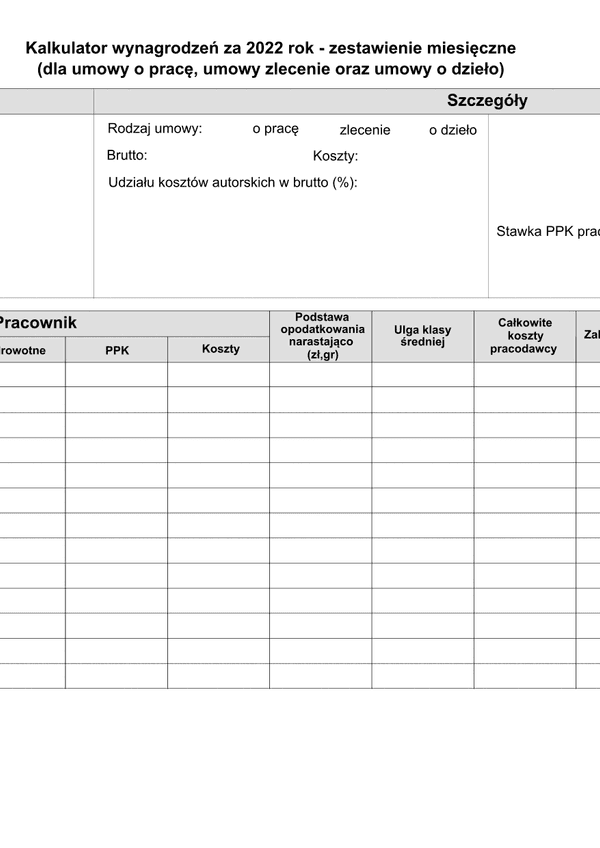 KznPZZ (archiwalny) Kalkulator kwot zaliczek i netto PIT/ZUS/zdrowotne - zestawienie miesięczne (dla umowy o pracę, umowy zlecenie oraz umowy o dzieło)