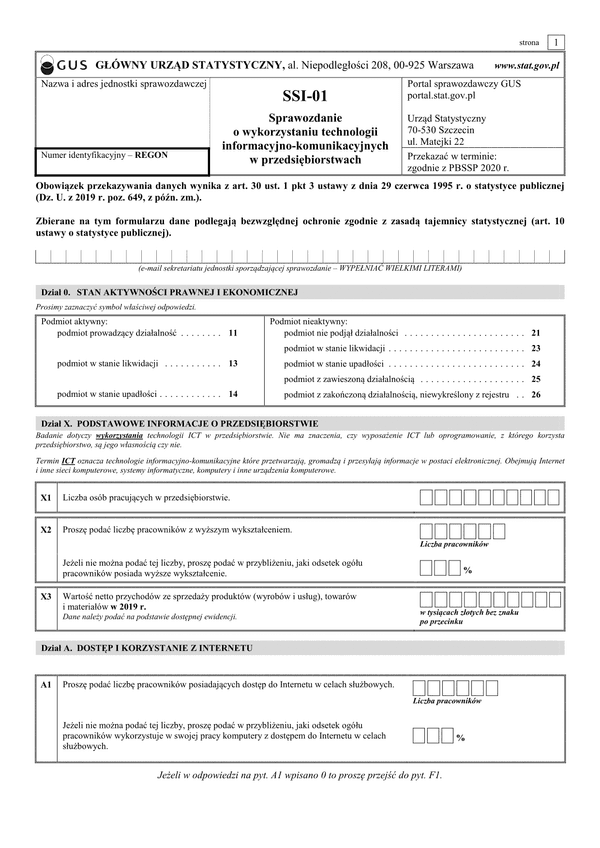 GUS SSI-01 (2021) (archiwalny) Sprawozdanie o wykorzystaniu technologii informacyjno-telekomunikacyjnych w przedsiębiorstwach