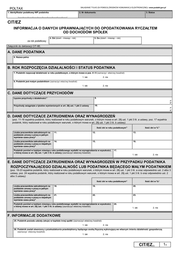 CIT/EZ (2) (archiwalny) Informacja o wysokości przychodów i innych danych uprawniających do opodatkowania ryczałtem spółek kapitałowych