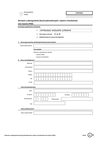 WoUDJ Wniosek o udostępnienie danych jednostkowych z rejestru mieszkańców oraz rejestru PESEL