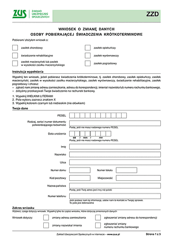 ZUS ZZD Wniosek o zmianę danych osoby pobierającej świadczenia krótkoterminowe - z wysyłką do PUE ZUS