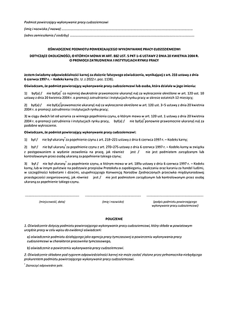 OPPWPCz Oświadczenie podmiotu powierzającego wykonywanie pracy cudzoziemcowi dotyczące okoliczności, o których mowa w art. 88z ust. 5 pkt 1-6 Ustawy z dnia 20 kwietnia 2004 r. o promocji zatrudnienia i instyt
