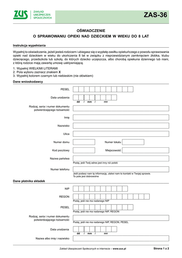 ZUS ZAS-36 Oświadczenie o sprawowaniu opieki nad dzieckiem w wieku do 8 lat