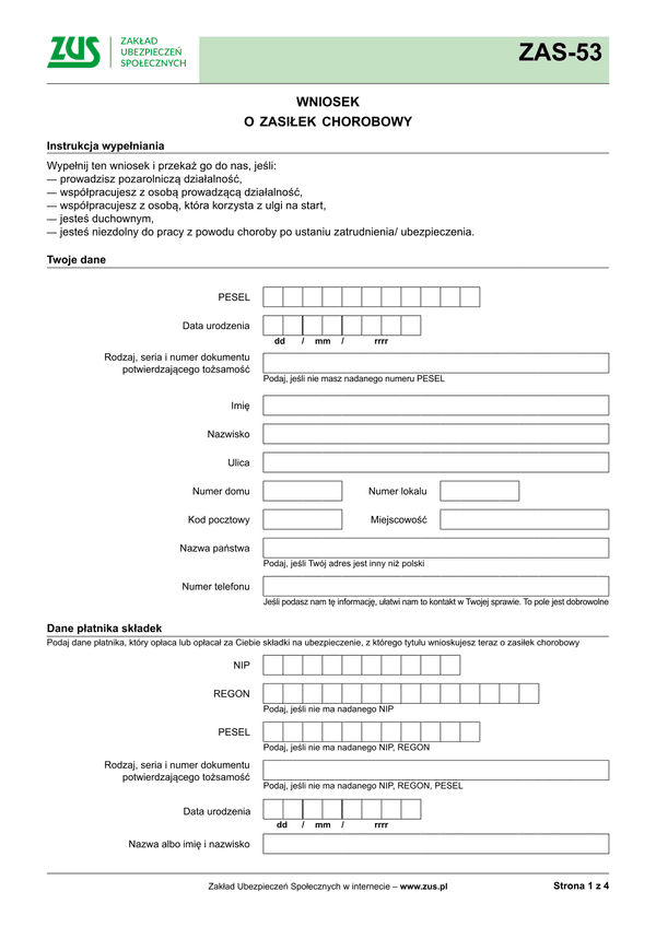 ZUS ZAS-53 (archiwalny) Wniosek o zasiłek chorobowy