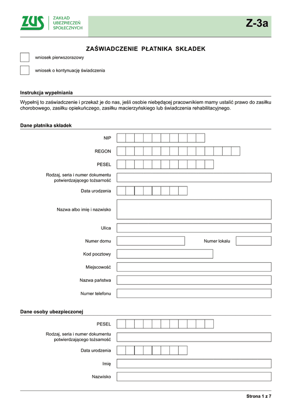 ZUS Z-3a (archiwalny) Zaświadczenie płatnika składek - z wysyłką do PUE ZUS