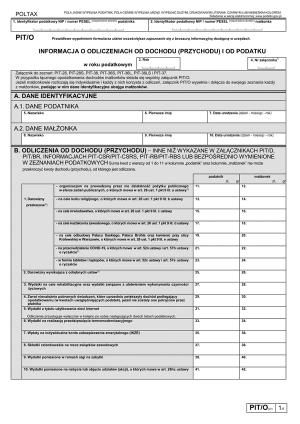 PIT/O (27) (archiwalny) (2022) Informacja o odliczeniach od dochodu (przychodu) i od podatku w roku podatkowym