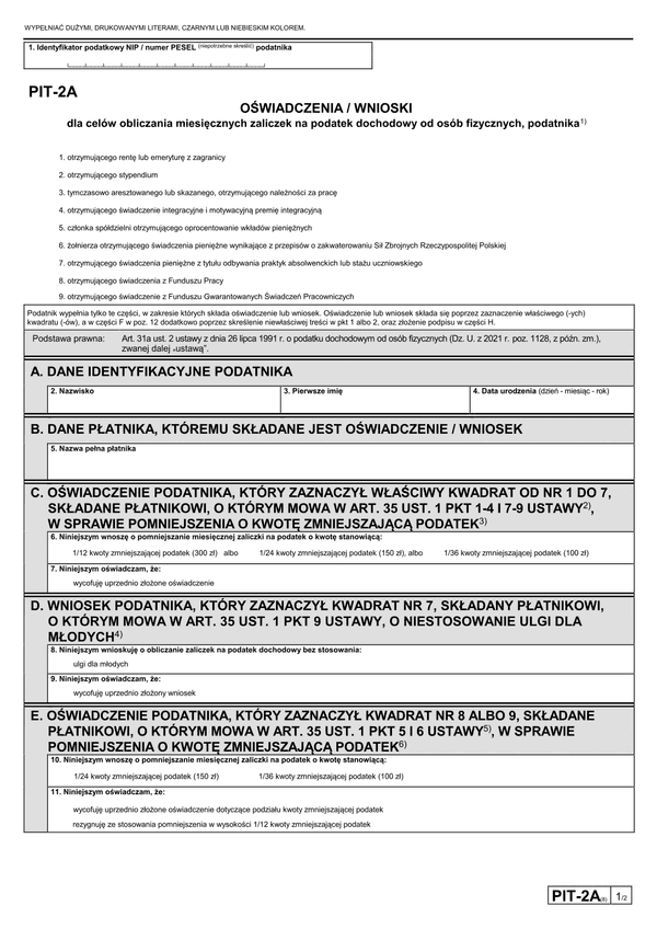 PIT-2A (8) (2023-2024) Oświadczenie dla celów obliczania miesięcznych zaliczek na podatek dochodowy od osób fizycznych 