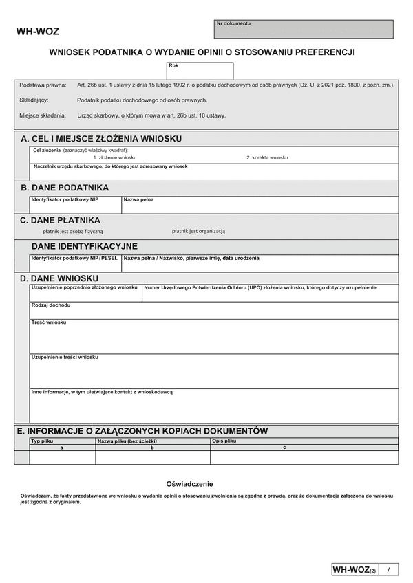 WH-WOZ (2) (archiwalny) Wniosek podatnika o wydanie opinii o stosowaniu preferencji