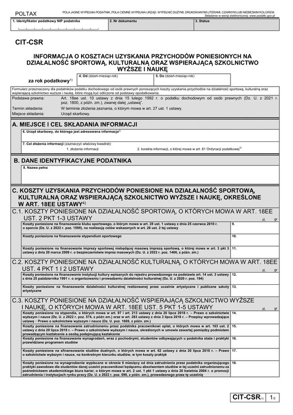 CIT-CSR (1) Informacja o kosztach uzyskania przychodów poniesionych na działalność sportową, kulturalną oraz wspierającą szkolnictwo wyższe i naukę