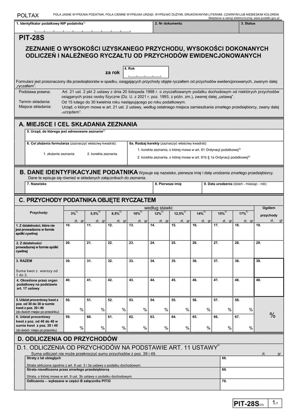 PIT-28S (25) (archiwalny) (2022) Zeznanie o wysokości uzyskanego przychodu, wysokości dokonanych odliczeń i należnego ryczałtu od przychodów ewidencjonowanych za 2022