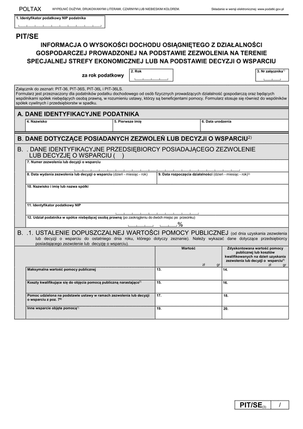 PIT/SE (3) (archiwalny) (2022) Informacja o wysokości dochodu osiągniętego z działalności gospodarczej prowadzonej na podstawie zezwolenia na terenie specjalnej strefy ekonomicznej lub na podstawie decyzji o wsp