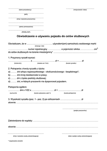 OoUP Oświadczenie o używaniu pojazdu do celów służbowych