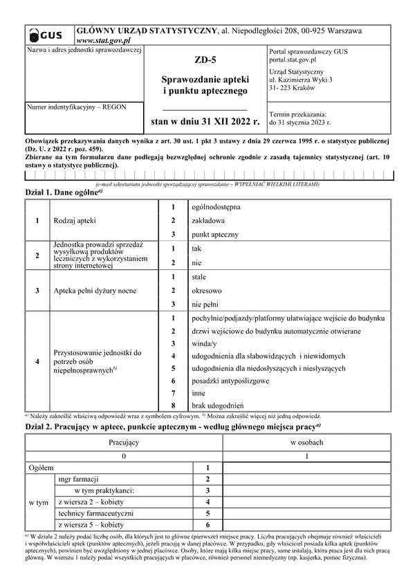 GUS ZD-5 (2022) (archiwalny) Sprawozdanie apteki i punktu aptecznego stan w dniu 31 XII 2022 r.