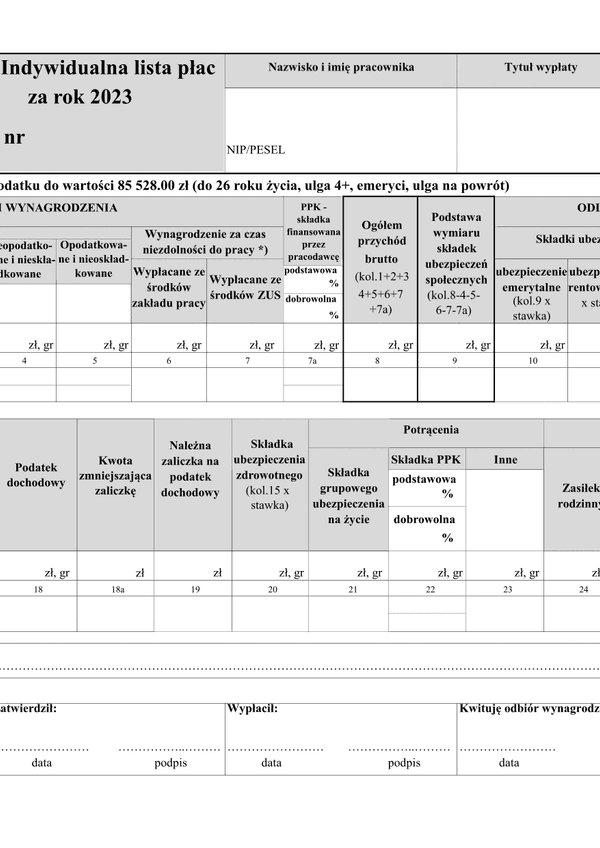 ILP (archiwalny) (2023) Indywidualna lista płac (umowa o pracę)