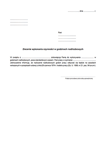 ZWC-gn Zlecenie wykonania czynności / pracy w godzinach nadliczbowych