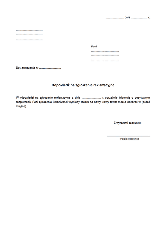 OnZR Odpowiedź na zgłoszenie reklamacyjne 