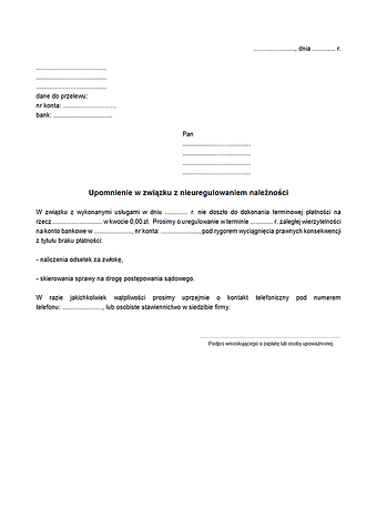 UzZNN Upomnienie w związku z nieuregulowaniem należności