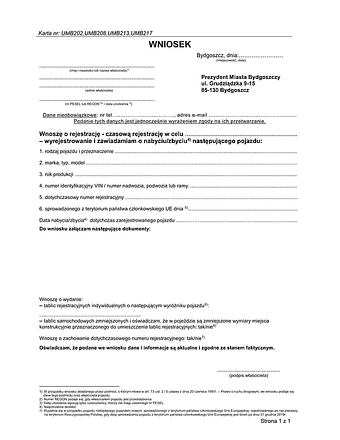 WoRWZP-B Wniosek o rejestrację, czasową rejestrację, wyrejestrowanie i zawiadomienie o pojeździe Bydgoszcz