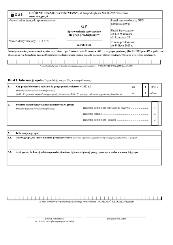 GUS GP (2022) (archiwalny) Sprawozdanie statystyczne dla grup przedsiębiorstw za rok 2022
