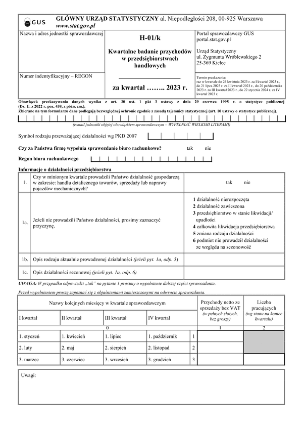 GUS H-01/k (archiwalny) (2023) Kwartalne badanie przychodów w przedsiębiorstwach handlowych