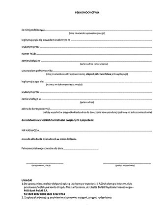 RWP-U-Po Upoważnienie rejestracja / wyrejestrowanie pojazdu Poznań