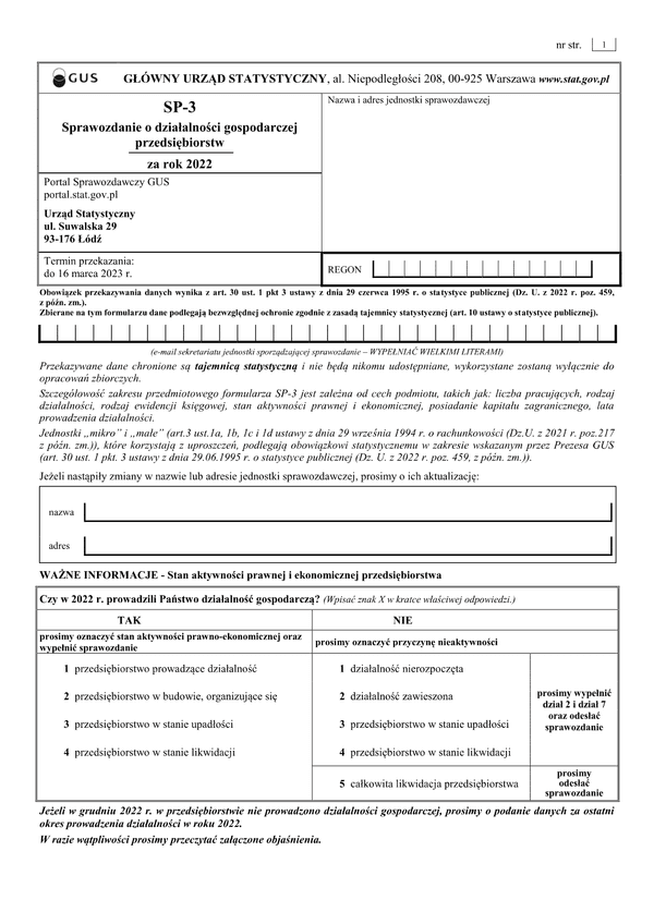 GUS SP-3 (2022) (archiwalny) Sprawozdanie o działalności gospodarczej przedsiębiorstw za rok 2022