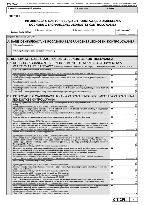 CIT/CFI (2) (archiwalny) Informacja o danych będących podstawą do określenia dochodu z zagranicznej jednostki kontrolowanej