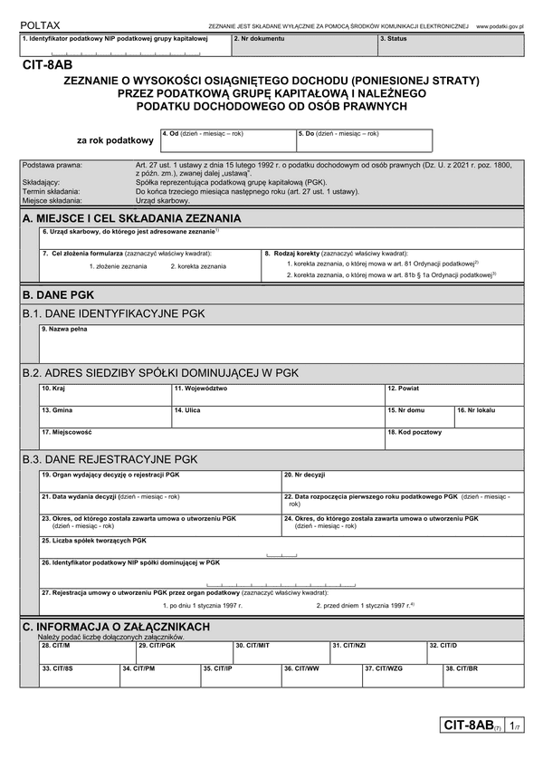 CIT-8AB (7) (archiwalny) Zeznanie o wysokości osiągniętego dochodu (poniesionej straty) przez podatkową grupę kapitałową - podatnika podatku dochodowego od osób prawnych