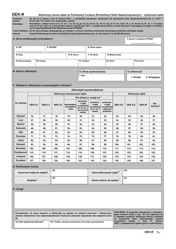 PFRON DEK-R (archiwalny) Deklaracja roczna wpłat na Państwowy Fundusz Rehabilitacji Osób Niepełnosprawnych - rozliczenie wpłat