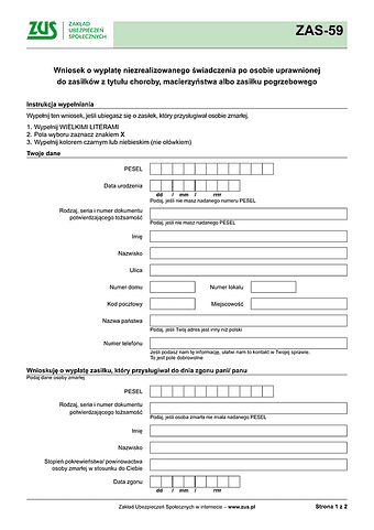 ZUS ZAS-59 Wniosek o wypłatę niezrealizowanego świadczenia po osobie uprawnionej do zasiłków z tytułu choroby, macierzyństwa albo zasiłku pogrzebowego - wersja papierowa