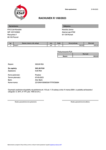 R  Faktura bez VAT (rachunek) (zgodne z KSeF)