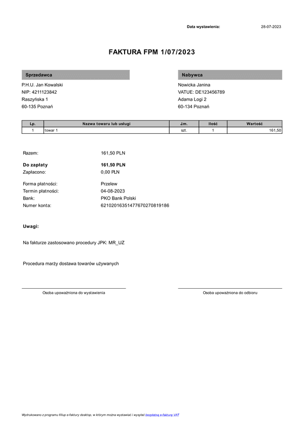FPM Faktura procedura marży (zgodna z KSeF)