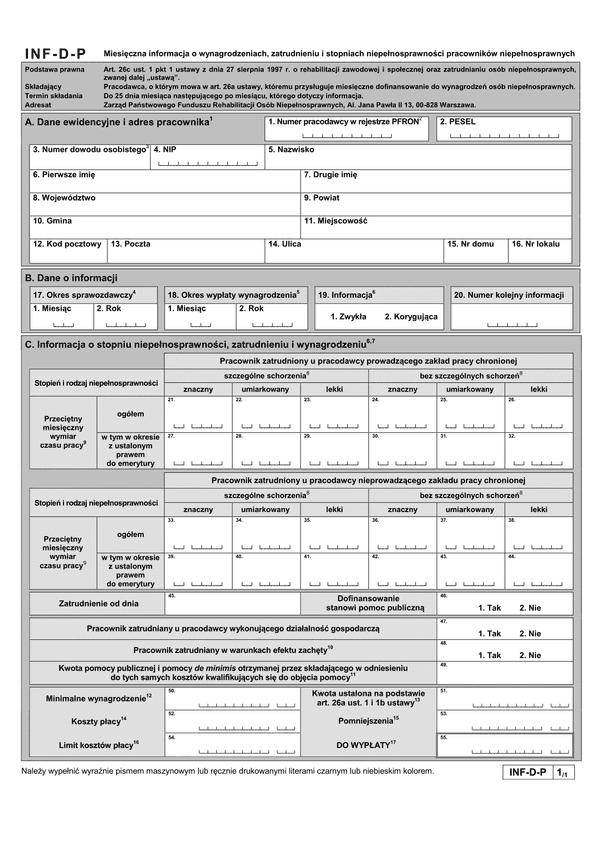 PFRON INF-D-P (archiwalny) Miesięczna informacja o wynagrodzeniach, zatrudnieniu i stopniach niepełnosprawności pracowników niepełnosprawnych